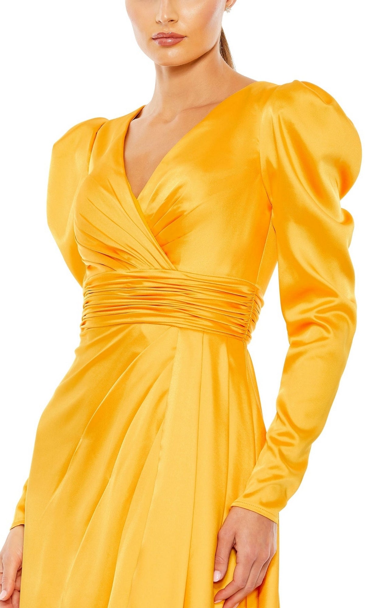 A woman wearing the Long Formal Dress 12404 by Mac Duggal, featuring long sleeves, a bright yellow satin finish, V-neckline, ruched waist, puffed shoulders, and an elegant silhouette.